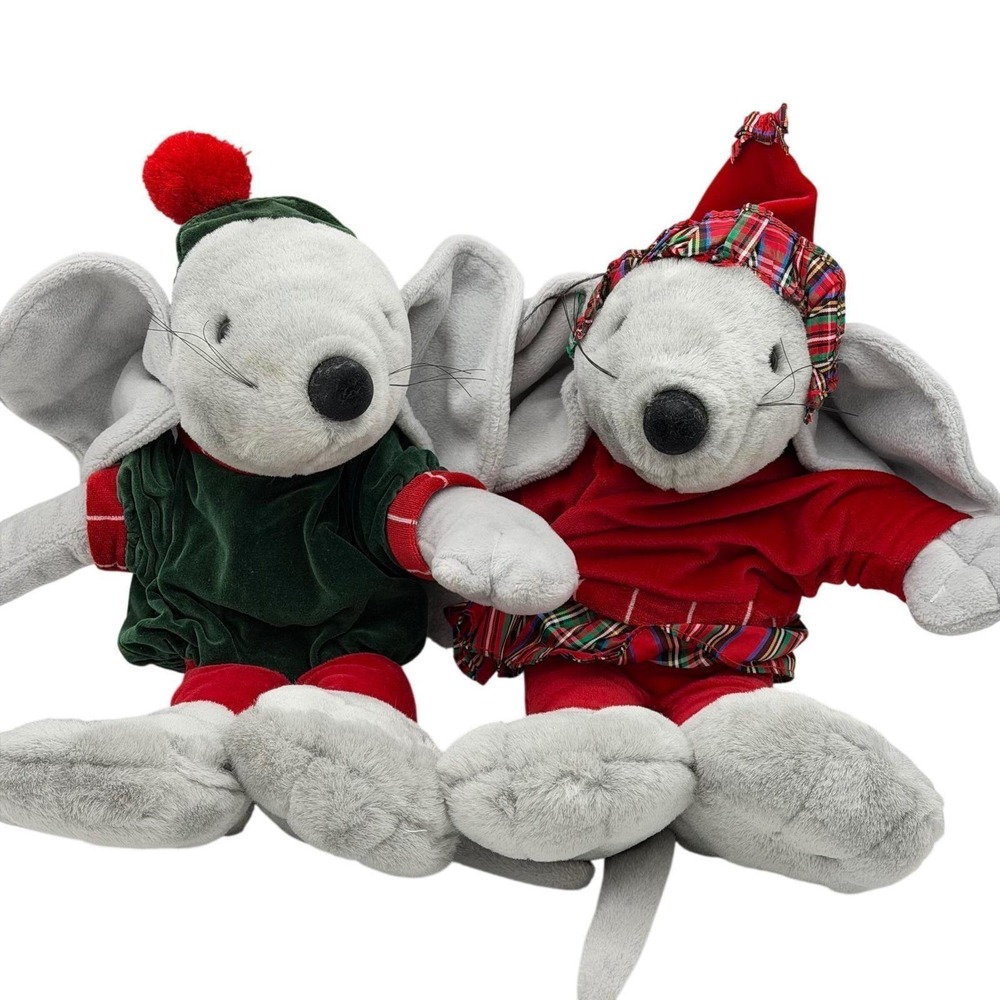 Vtg 1990 Commonwealth Musical Christmas Mouse Mice Plush 17in Grey Holiday VIDEO